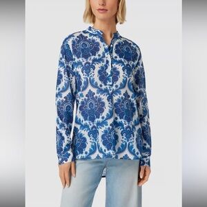 0039 Italy Blue Floral Print Cotton Tunic Blouse cotton Pearl buttons Small $175